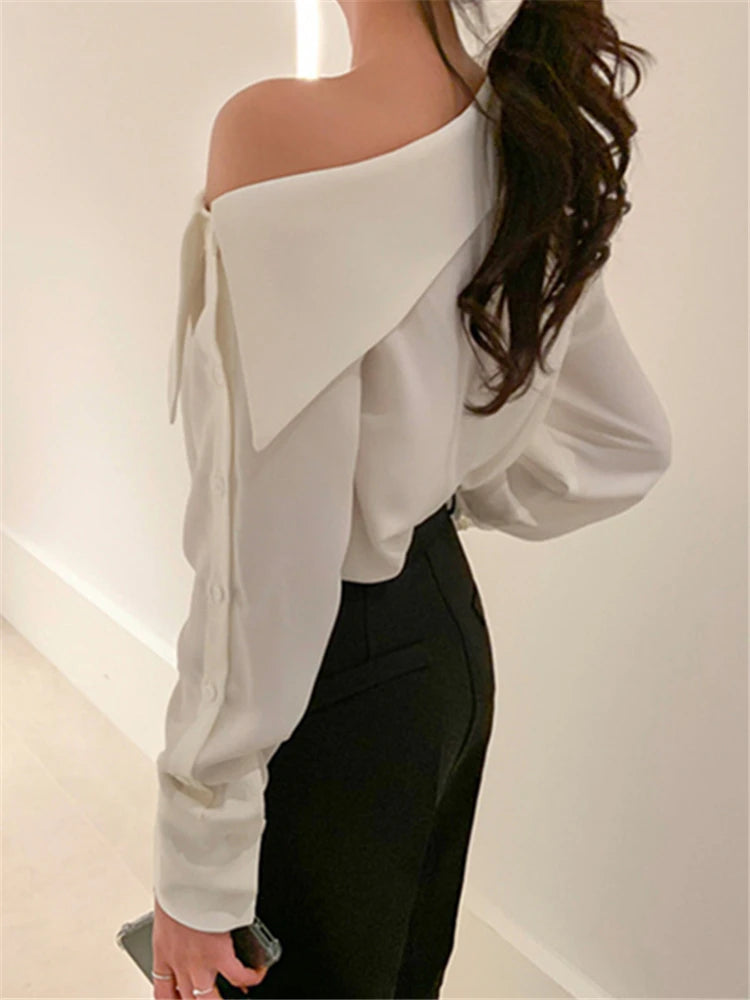 Elegant Office Korean Style Lady One Shoulder Sexy Wild Women Spring Summer Cold Blouses Shirts Tops