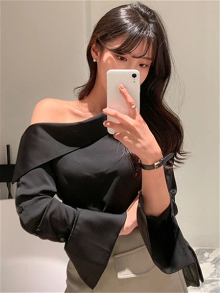 Elegant Office Korean Style Lady One Shoulder Sexy Wild Women Spring Summer Cold Blouses Shirts Tops