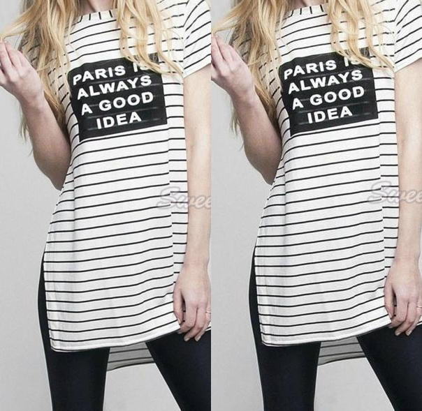 Women Short Sleeve T-Shirt Stripe Letter Print T-Shirt Casual T Shirt Side Split Loose Tops O-Neck Women Summer Tops Tees 41-Dollar Bargains Online Shopping Australia