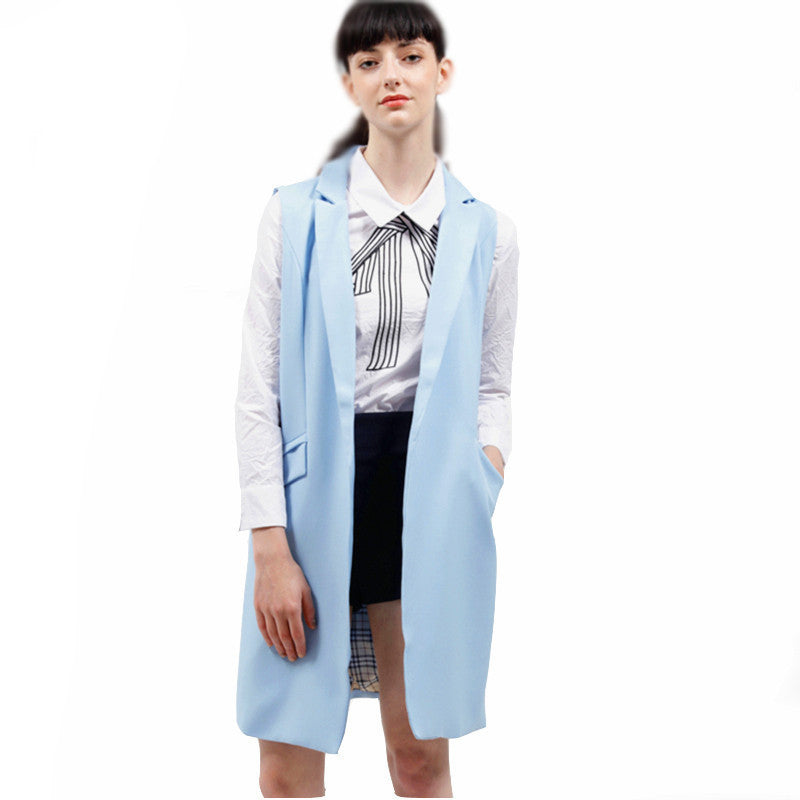 long pockets turn-down collar open stitch sleeveless pantone blue pink beige black blazer vest jackets