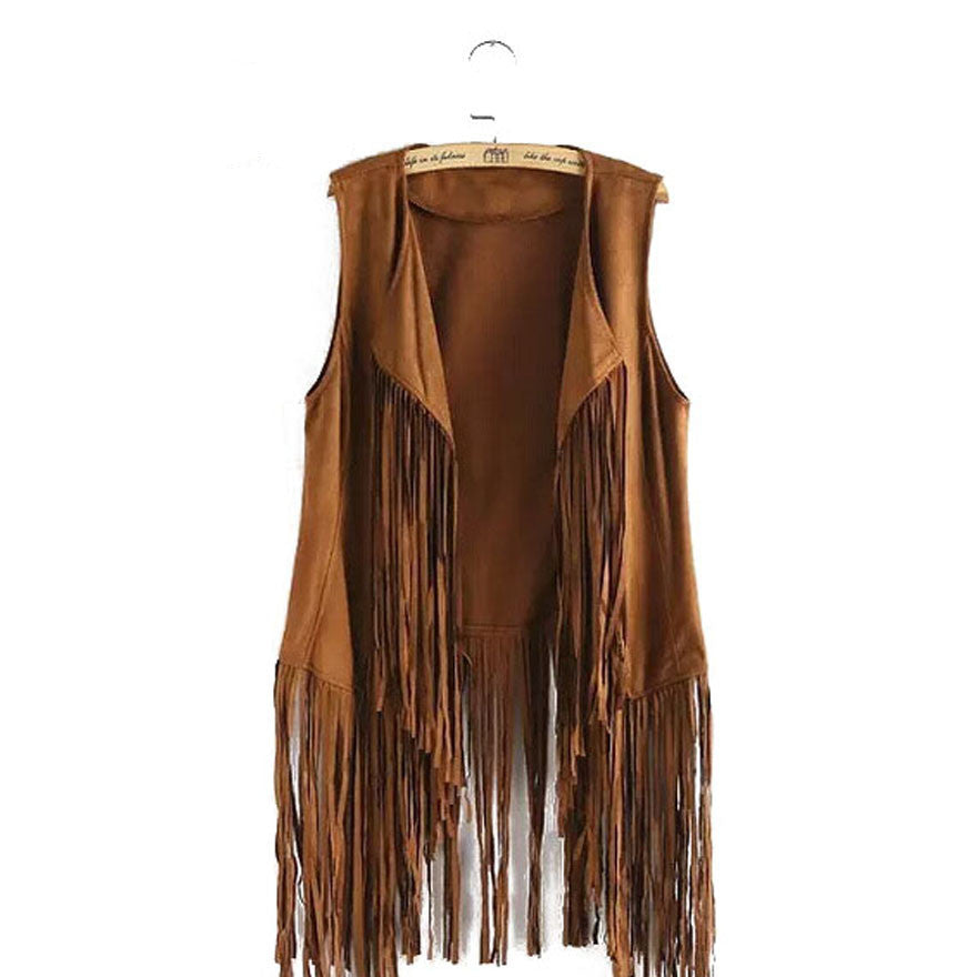 fringed tassels faux suede sleeveless asymmetrical vest jacket