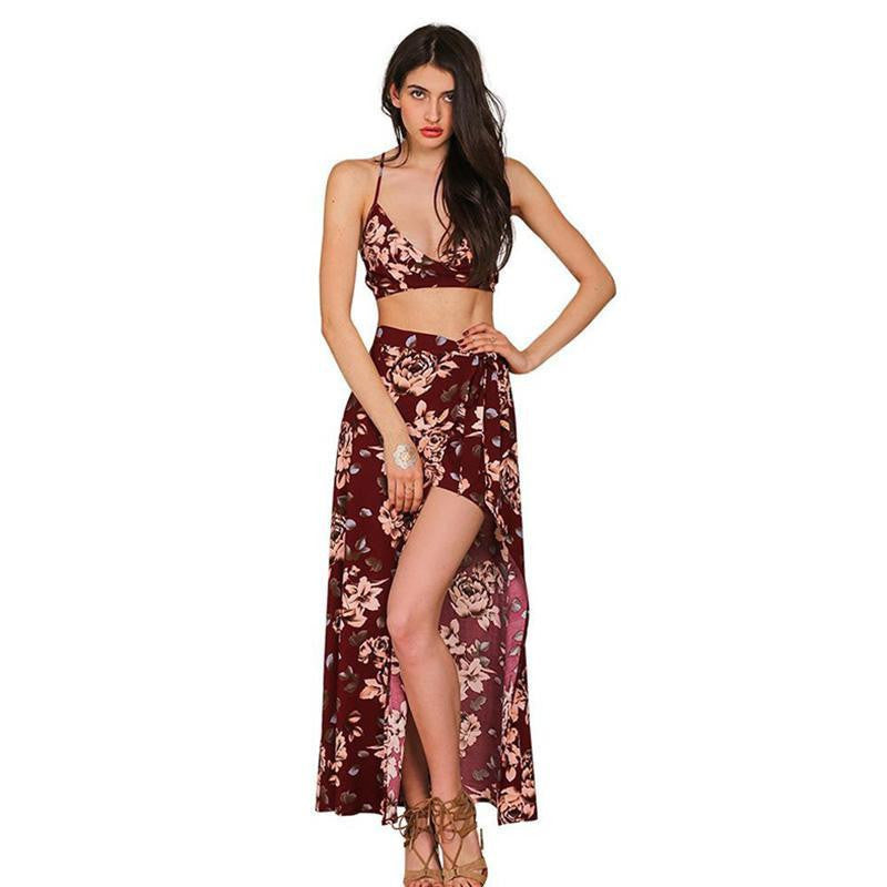 Two pieces set floral print women split long dress Summer boho sexy backless maxi dresses