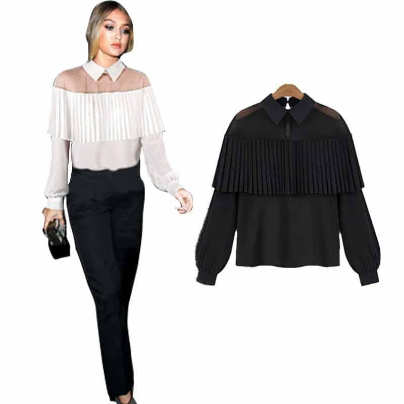 White Blouse Shirt Women Chiffon Blouse Pleated Tops Long Sleeve Blouse Sheer Gauze