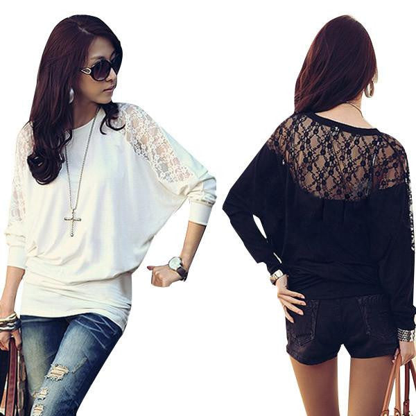 Women Fashion Blouses Lace Bawting Sleeve O Neck Casual All Match Shirts Plus Size M-XXXXL