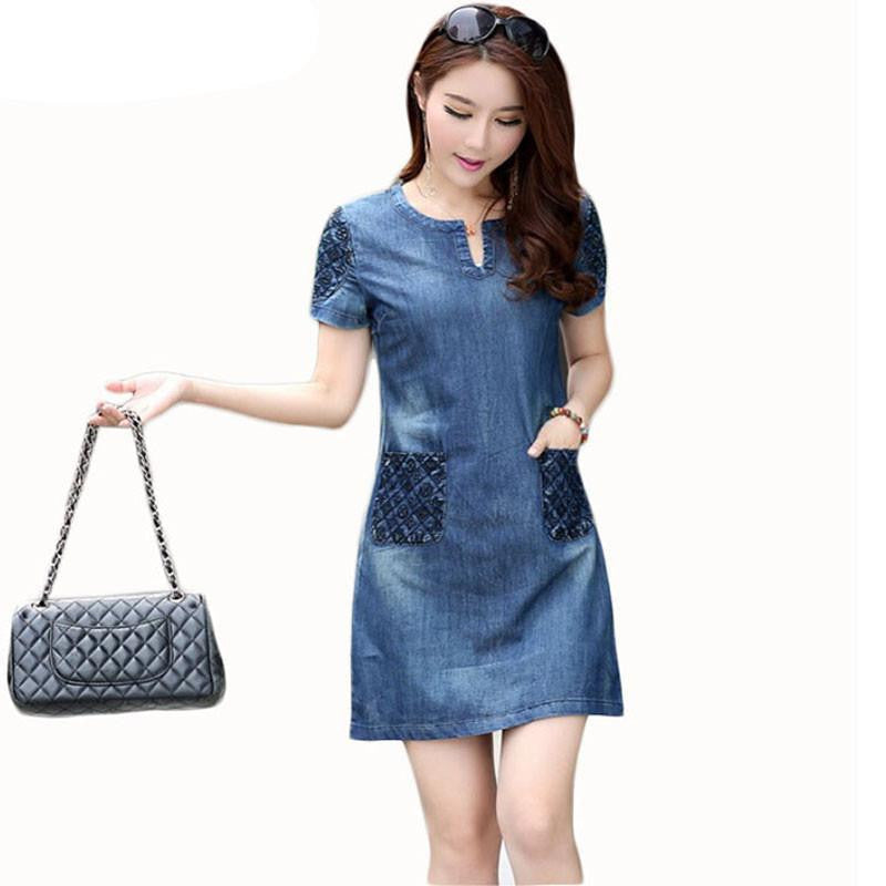 Summer Denim Dress Women Loose Fashion Jeans Lady Slim Short Sleeve Plus Size D56