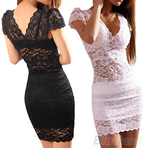 Women's Short Sleeve V Neck Lace Club Cocktail Party Slim Mini Dress 009W