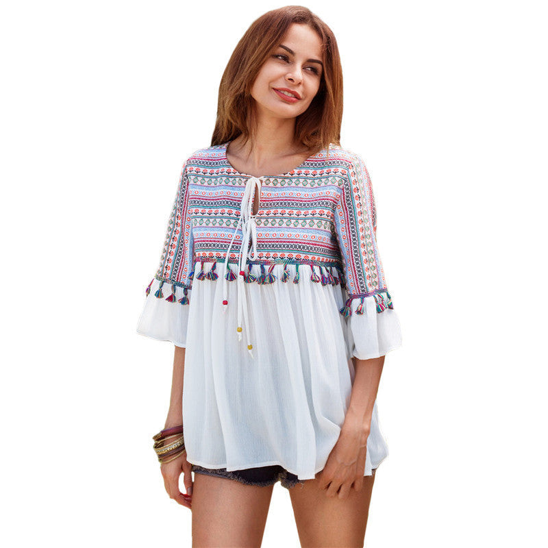 Ladies Casual Tops Women Multicolor Tribal Print Round Neck Embroidered Tassel Trim Tie Bell Sleeve Blouse