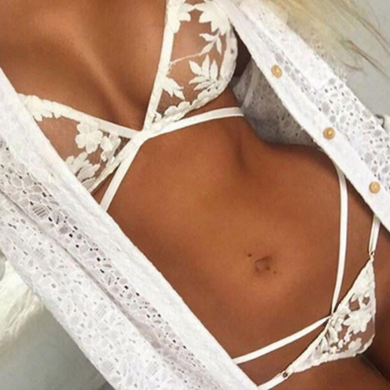 Women Bra Set boho chic white Lace Bralette Briefs Wire Gage Brassiere Suit Unlined Bralet Ladies Intimates