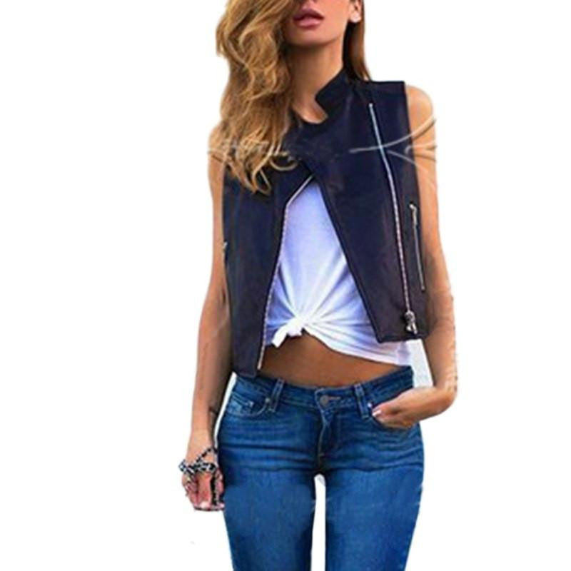 Women Short Jacket Motorcycle Leather Vest Sleeveless Short Design Slim Vest Female