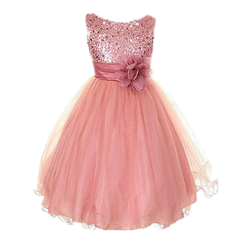 Princess Girl O-neck Sleeveless Sequined Floral Ball Gown Party Dresses One Piece Daily Dress