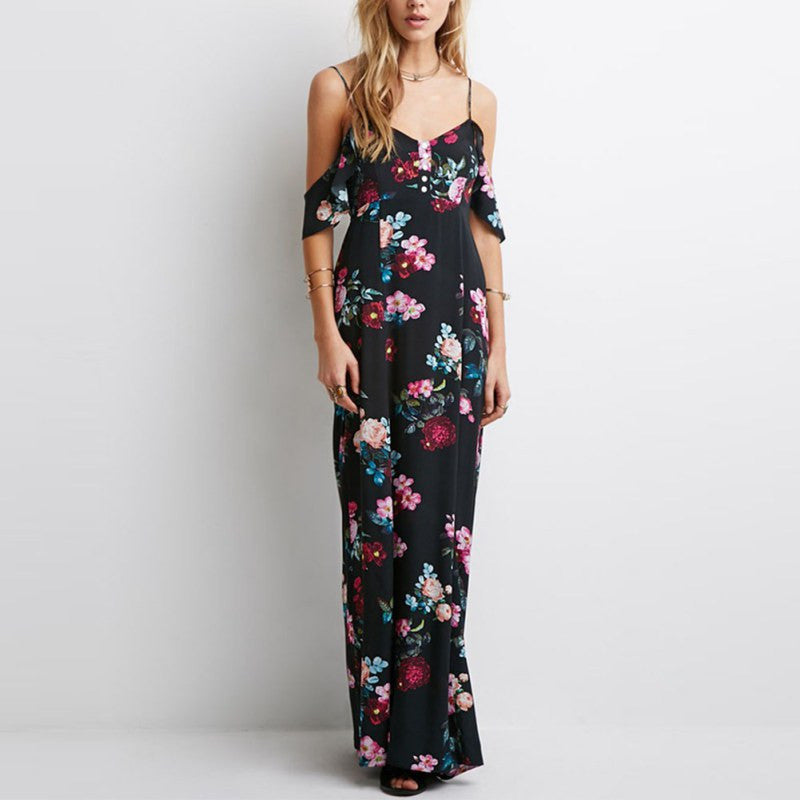 Off Shoulder V-Neck Summer Dress Fashion Sleeveless Chiffon Women Maxi Dress Retro Floral Print Evening Long Party Dress