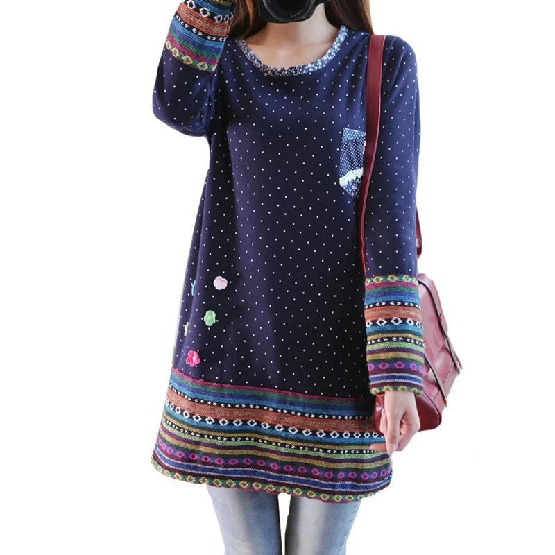 Vintage Fleece Dress O neck Long Sleeve Mori Girl Cute Dresses Polka Dot Printed Flower