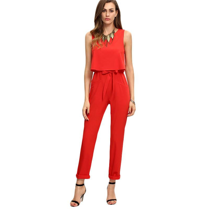 Women Red Sleeveless Bow Tie Waist Jumpsuit Arrival Crew Neck Ladies Work Jumpsuits