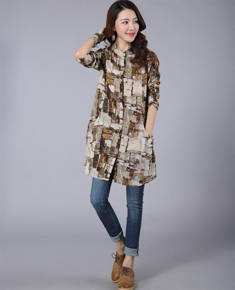 Vintange Shirts Women Casual Long Sleeve Printed Cotton Shirt Women Style Tops 3 Colors