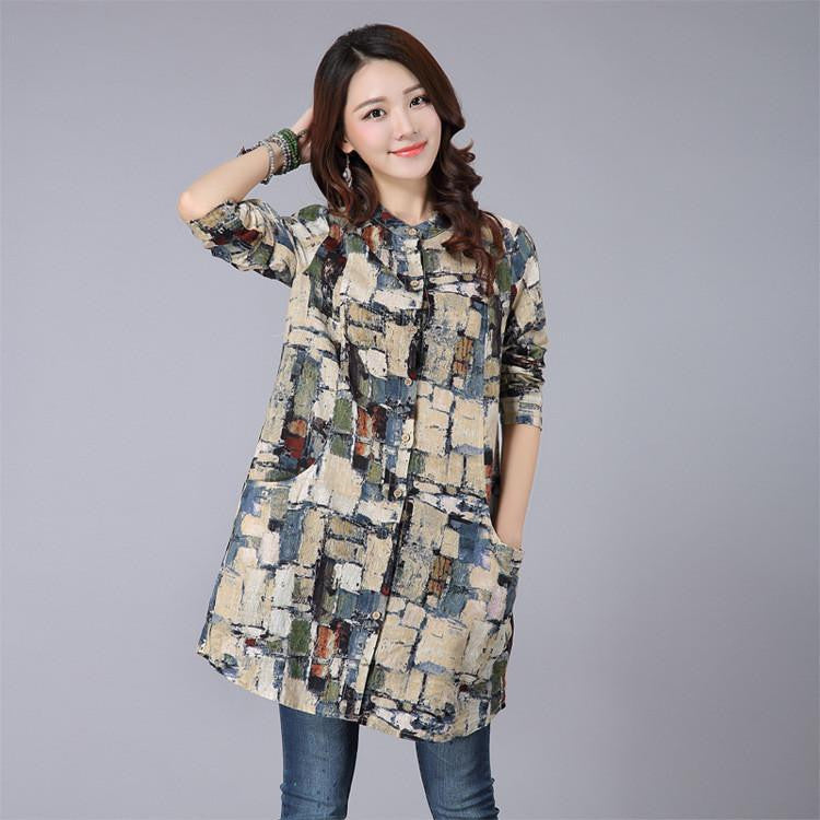 Vintange Shirts Women Casual Long Sleeve Printed Cotton Shirt Women Style Tops 3 Colors