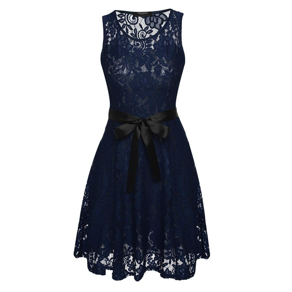 Women Sleeveless Lady Party Round Neck Dress Lace Mini Elegant dresses Famale Pleated Dress with Belt