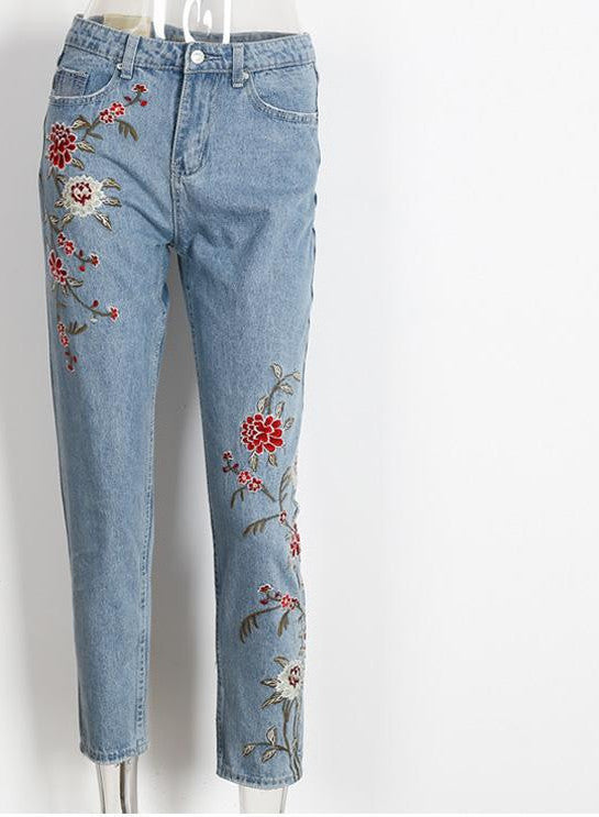 Online discount shop Australia - Flower embroidery jeans female Light blue casual pants capris autumn winter Pockets straight jeans women bottom