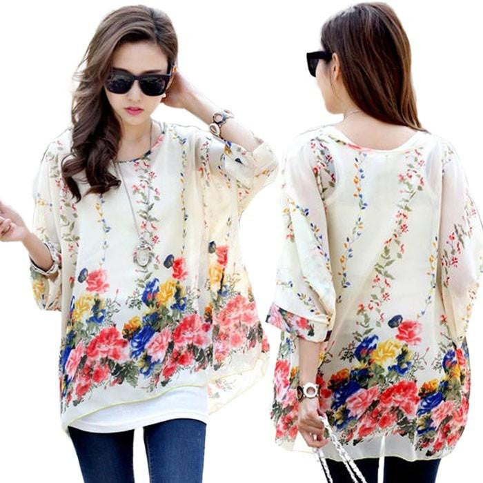 Women Batwing Sleeve Chiffon Shirt Bohemian National Wind Blouse Tops