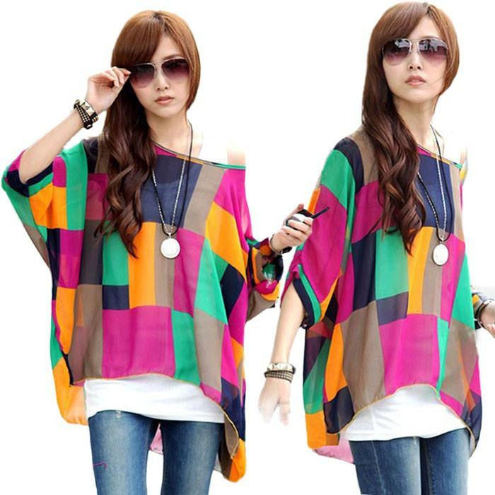 Women Batwing Sleeve Chiffon Shirt Bohemian National Wind Blouse Tops