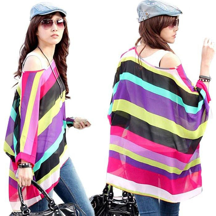 Women Batwing Sleeve Chiffon Shirt Bohemian National Wind Blouse Tops