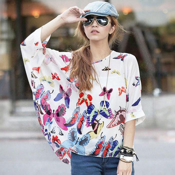 Women Batwing Sleeve Chiffon Shirt Bohemian National Wind Blouse Tops