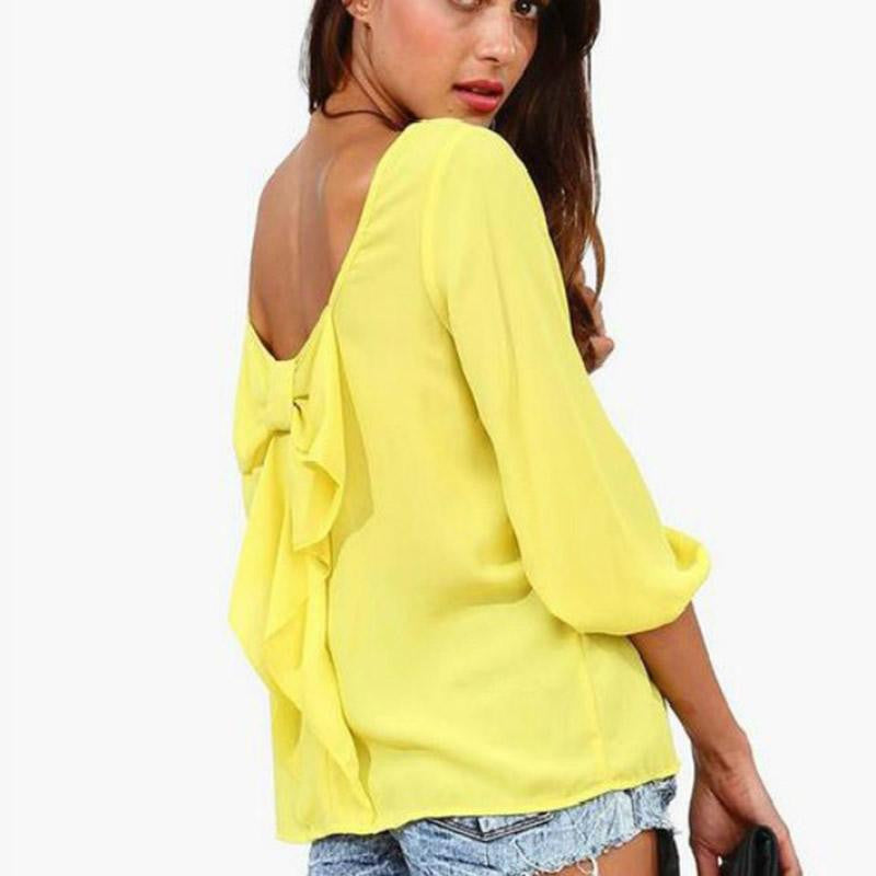 Women's Fashion Leopard Chiffon Halter Loose Shirt Tops Blouse Orange/Black/Pink/Yellow Backless Shirts 4 Colors