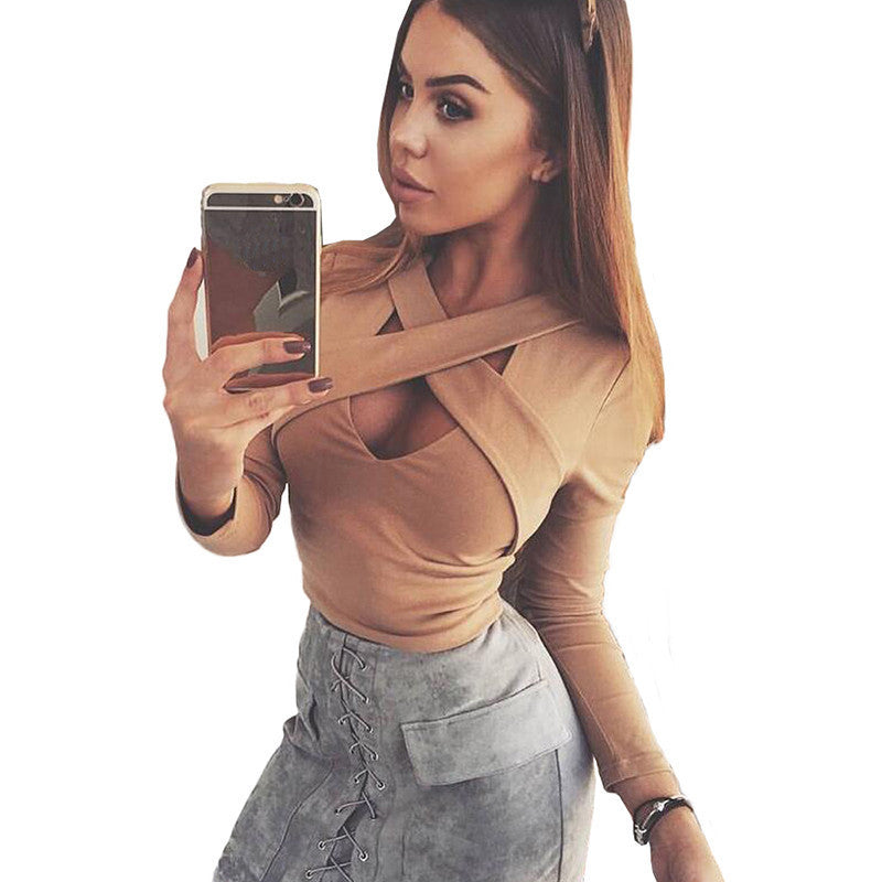 Online discount shop Australia - Khaki White Black Long Sleeve Criss Cross Short  Women Skinny Elastic Sexy Party Club Crop Tops