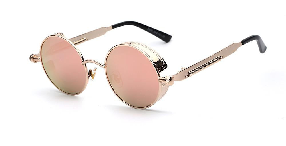 TOTAL Gothic Sunglasses Men Steampunk Round Metal Frame Sun Glasses Pink Mirror Eyewear Brand High UV400