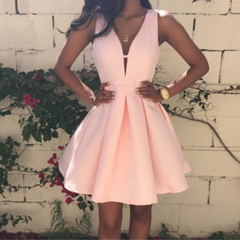 Pink Summer Ladies Fashion Backless Deep V-neck Sleeveless A-line Women's Dress Club Evening Party Mini Dresses