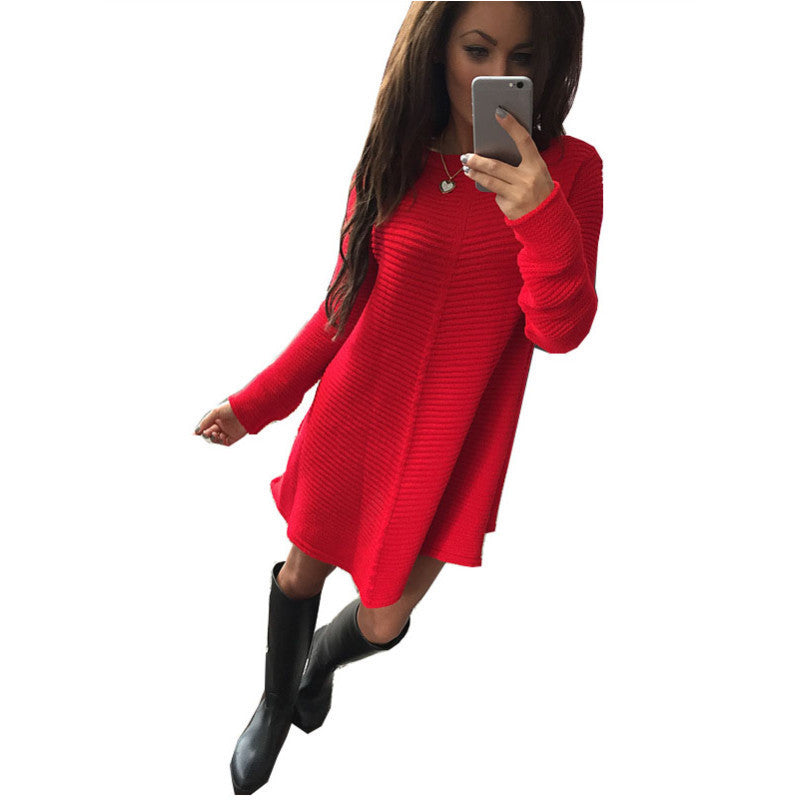 O-Neck winter dress fashion Long sleeve knitting Sweater fabric women dress