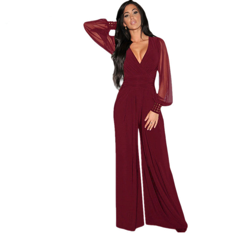 Online discount shop Australia - Dear-Lover Long Black Rompers Womens Jumpsuit  Party V-neck Embellished Cuffs Mesh Sleeves Loose Club Pants LC6650