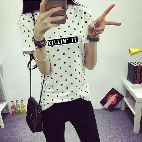 Women's T-Shirt Clothes Girls Tee Shirt O-neck Polka Dotted Printed Tshirt Short Tops Bottoming Tops