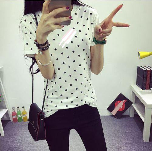 Women's T-Shirt Clothes Girls Tee Shirt O-neck Polka Dotted Printed Tshirt Short Tops Bottoming Tops