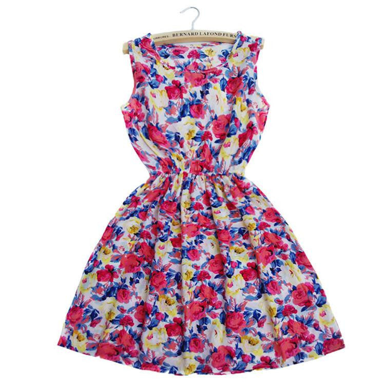 Sping Summer Autumn Women Dress Vestidos Casual Bohemian Floral Sleeveless Vest Printed Beach Dress