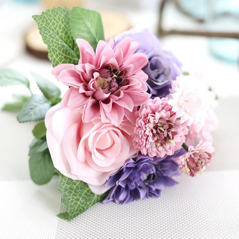 Silk Flower 1 Bouquet Roses Dahlias Artificial Flowers Fall Vivid Fake Leaf Wedding Home Party Decoration High