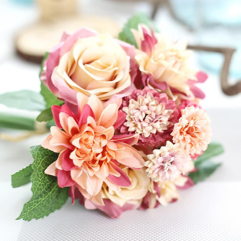 Silk Flower 1 Bouquet Roses Dahlias Artificial Flowers Fall Vivid Fake Leaf Wedding Home Party Decoration High