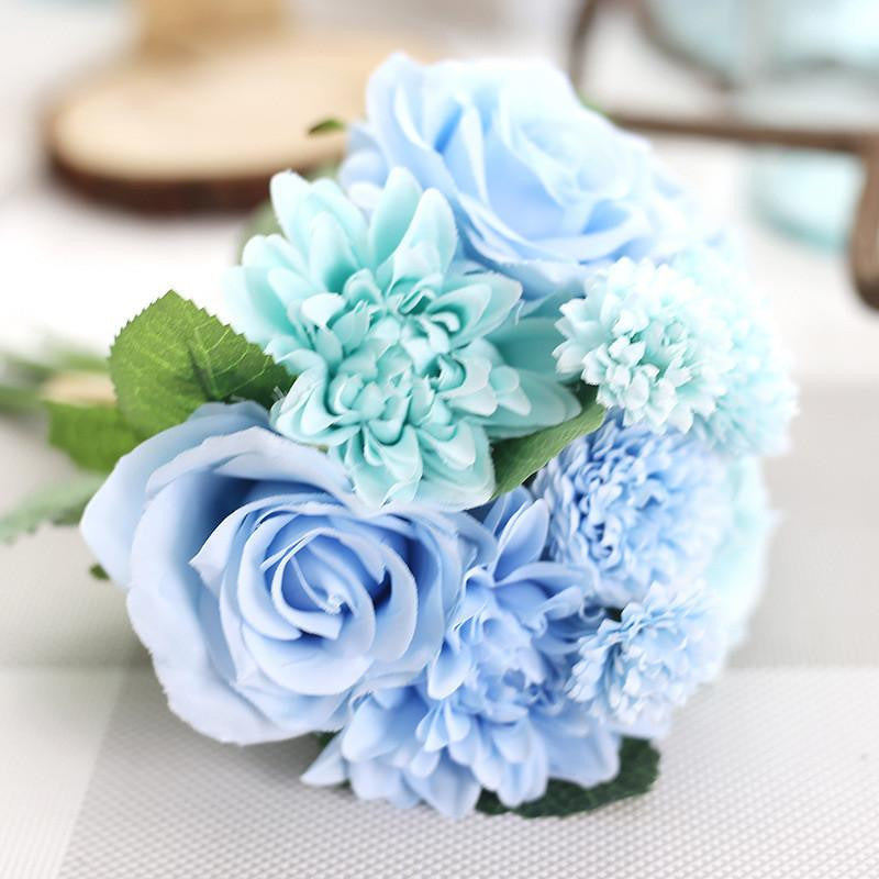 Silk Flower 1 Bouquet Roses Dahlias Artificial Flowers Fall Vivid Fake Leaf Wedding Home Party Decoration High