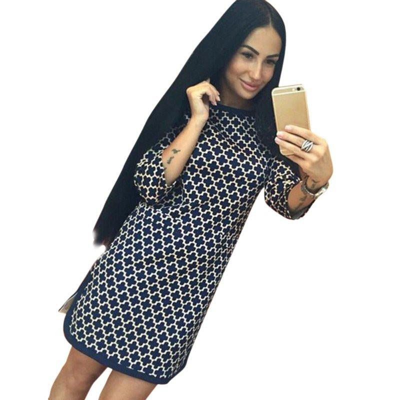 Women Vintage Cross Plaid Print neck 3/4 Long Sleeve Casual Straight Dress H34