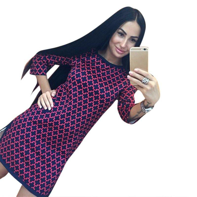 Women Vintage Cross Plaid Print neck 3/4 Long Sleeve Casual Straight Dress H34