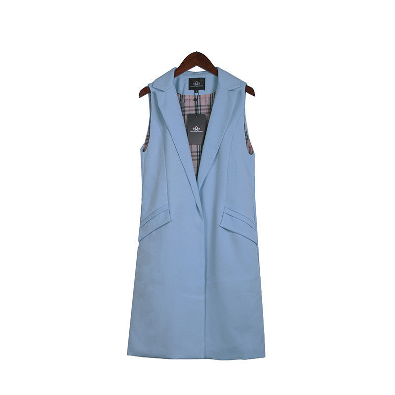 long pockets turn-down collar open stitch sleeveless pantone blue pink beige black blazer vest jackets