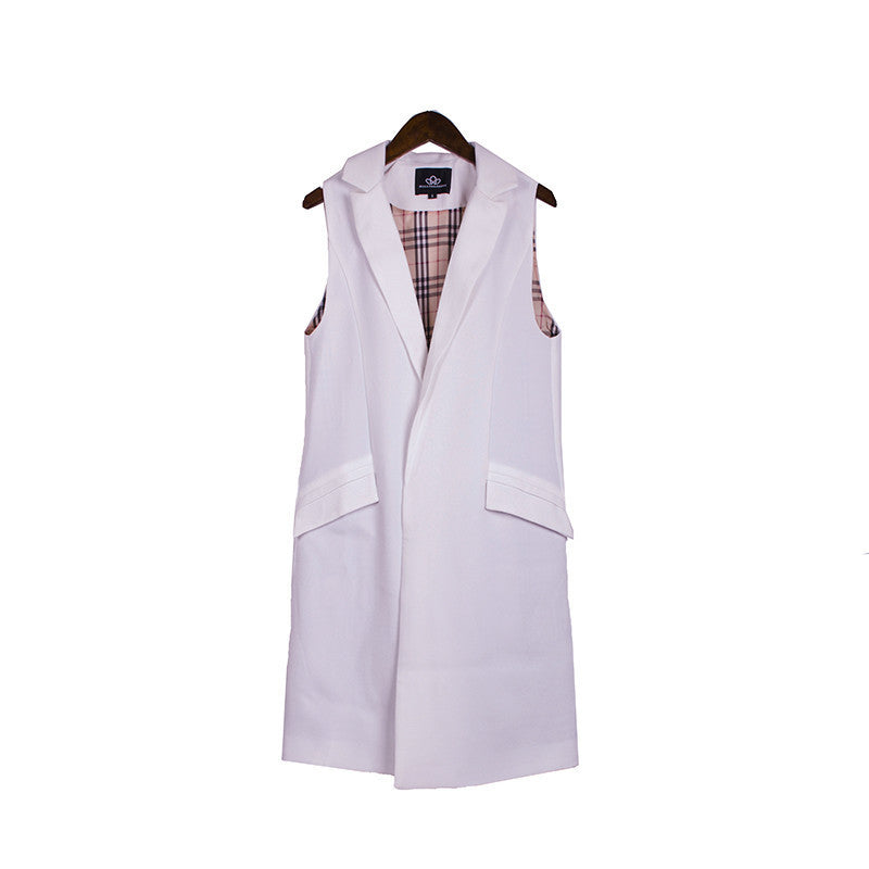 long pockets turn-down collar open stitch sleeveless pantone blue pink beige black blazer vest jackets