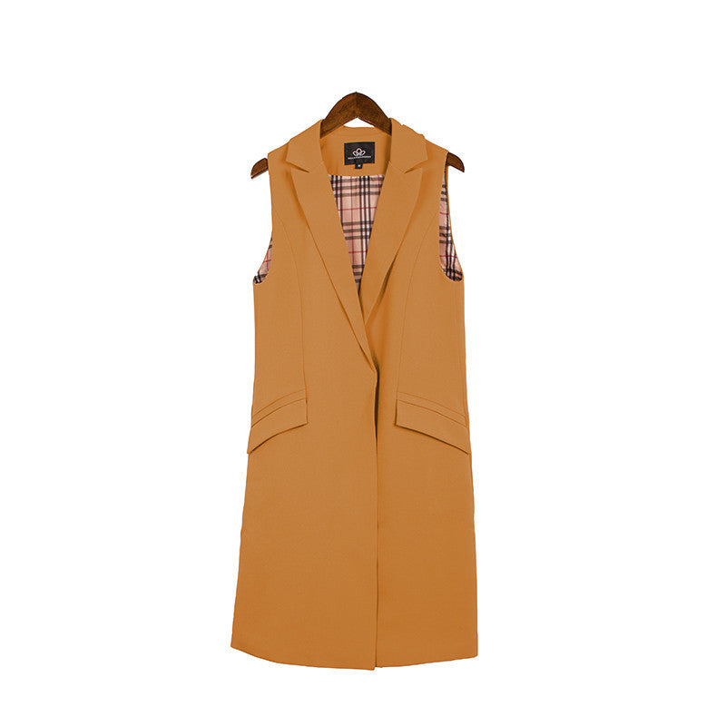 long pockets turn-down collar open stitch sleeveless pantone blue pink beige black blazer vest jackets