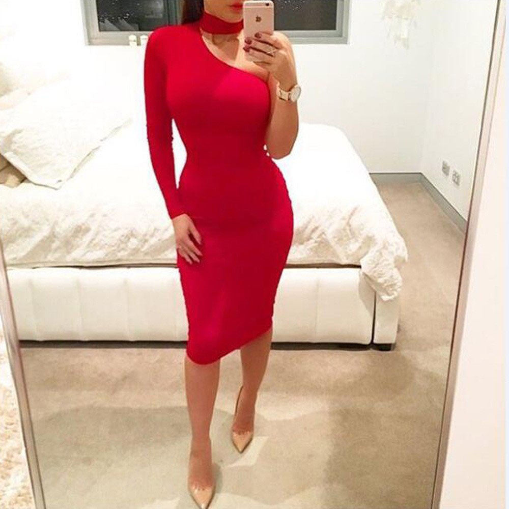 Red Black White Autumn Dresses One Shoulder Halter Long Sleeve Women Pencil Dress Club Bodycon Party Dresses