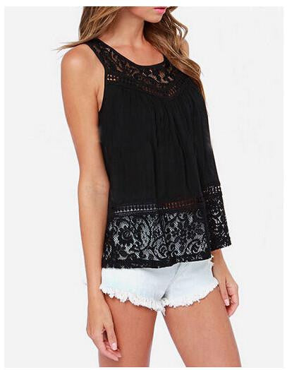 Style Woman Women Chiffon Lace Sleeveless O-neck Shirts Hollow out Solid Plus Size Tops Feminina J3135