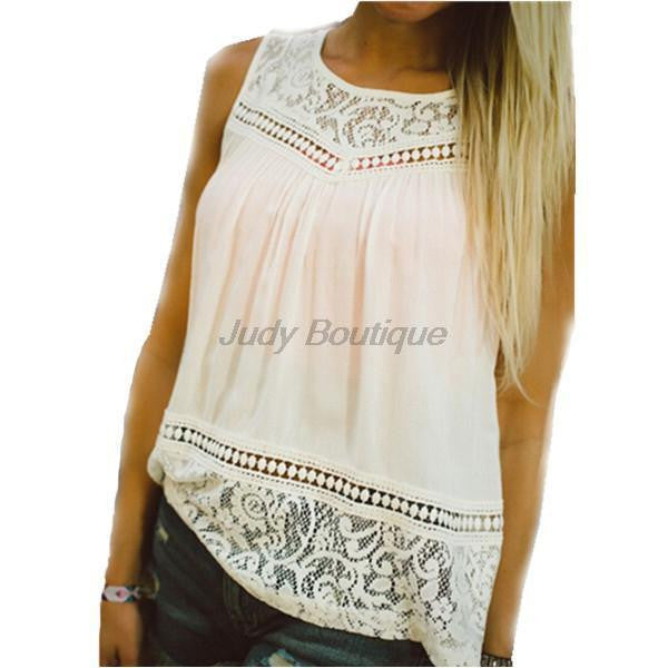 Style Woman Women Chiffon Lace Sleeveless O-neck Shirts Hollow out Solid Plus Size Tops Feminina J3135