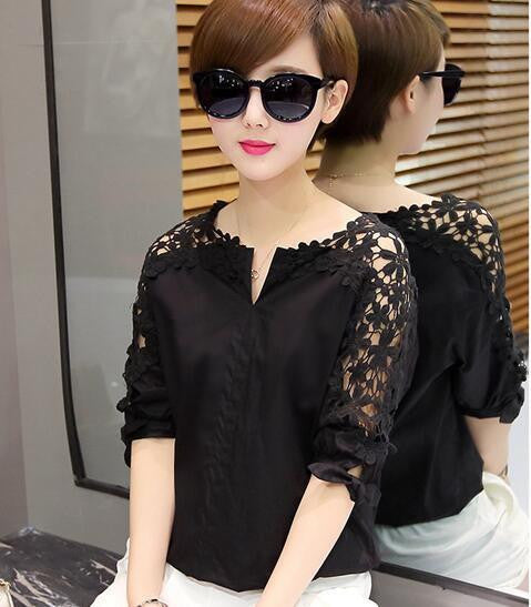 Women Lace Fashion Woman Lace Shirt Hollow Out Casual Short Sleeve Women Shirts Tops Plus Size Clothing 5XL