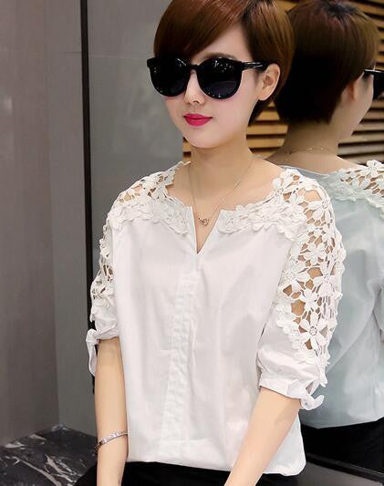 Women Lace Fashion Woman Lace Shirt Hollow Out Casual Short Sleeve Women Shirts Tops Plus Size Clothing 5XL