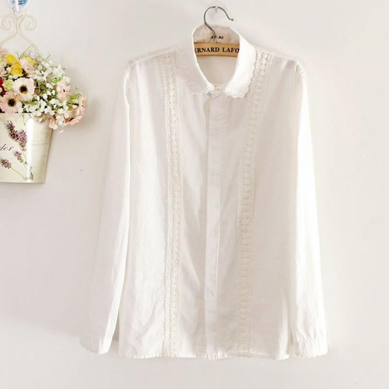 White embroidery Blouse Women office Button Lace mori girl Down Collar Splice Long Sleeve Cotton Tops Shirt Plus Size