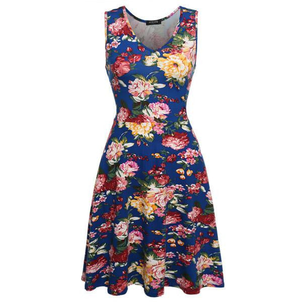 Summer dress Women 1950s Lady Elegant Print Casual Floral Sleeveless Dress Sundress