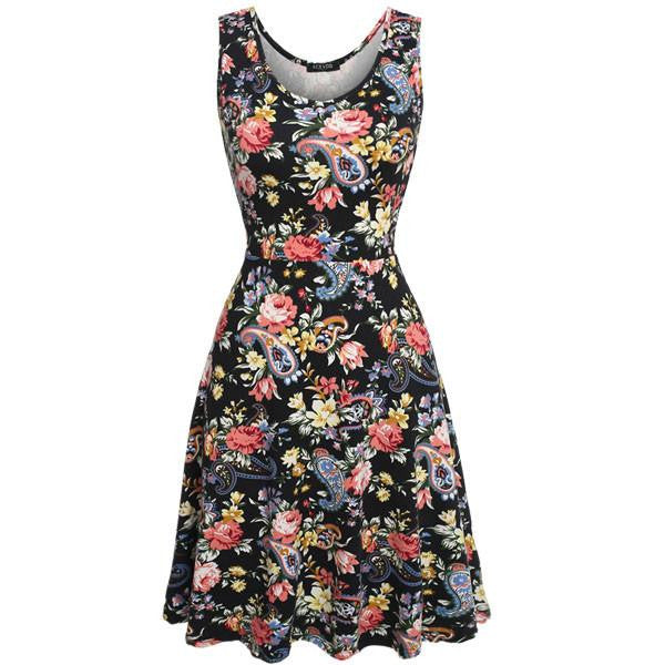 Summer dress Women 1950s Lady Elegant Print Casual Floral Sleeveless Dress Sundress